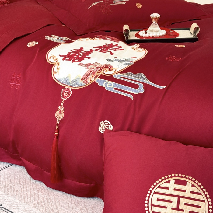 91家纺网 家纺一手货源 找家纺 甜咪咪婚庆 2026新款长绒棉全棉绣花结婚婚庆四件套多件套床单款 心欢喜