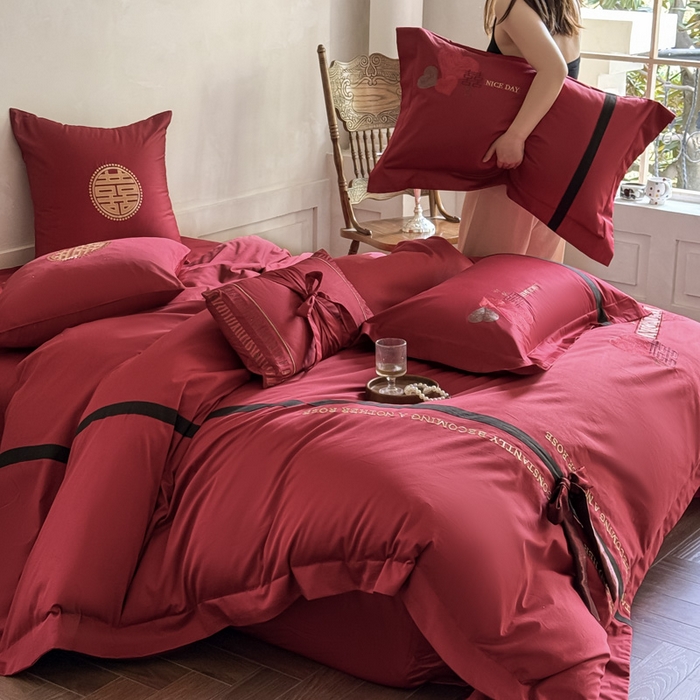 91家纺网 家纺一手货源 找家纺 甜咪咪婚庆 2026新款长绒棉全棉绣花结婚婚庆四件套多件套床单款 天生一对