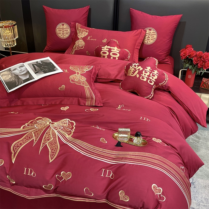 91家纺网 家纺一手货源 找家纺 甜咪咪婚庆 2026新款长绒棉全棉绣花结婚婚庆四件套多件套床单款 浪漫满屋豆沙