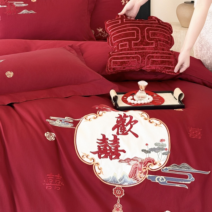 91家纺网 家纺一手货源 找家纺 甜咪咪婚庆 2026新款长绒棉全棉绣花结婚婚庆四件套多件套床单款 心欢喜