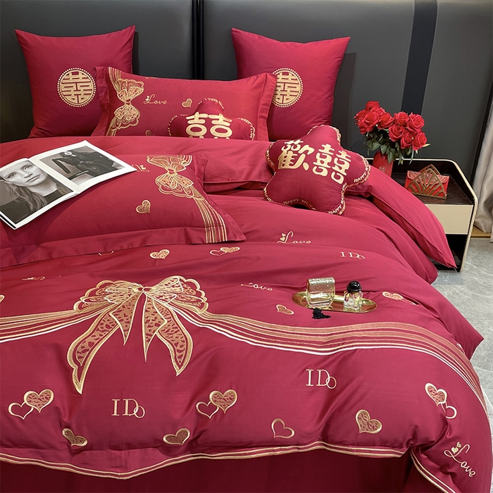 91家纺网 家纺一手货源 找家纺 甜咪咪婚庆 2026新款长绒棉全棉绣花结婚婚庆四件套多件套床单款 浪漫满屋豆沙