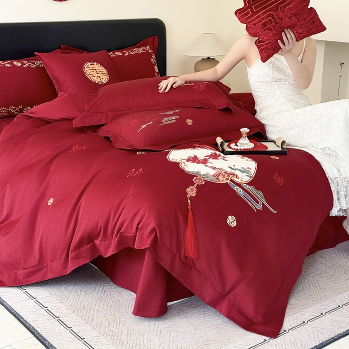 91家纺网 家纺一手货源 找家纺 甜咪咪婚庆 2026新款长绒棉全棉绣花结婚婚庆四件套多件套床单款 心欢喜