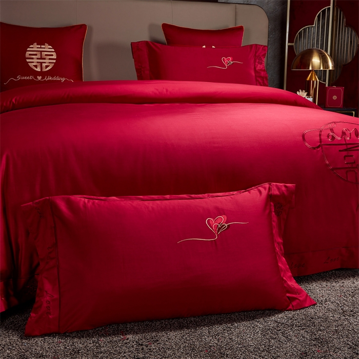 91家纺网 家纺一手货源 找家纺 甜咪咪婚庆 2026新款长绒棉全棉绣花结婚婚庆四件套多件套床单款 爱相随