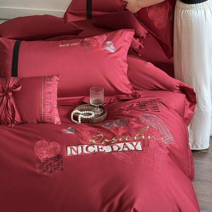 91家纺网 家纺一手货源 找家纺 甜咪咪婚庆 2026新款长绒棉全棉绣花结婚婚庆四件套多件套床单款 天生一对