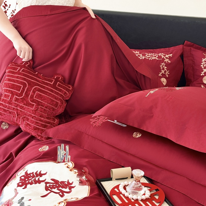 91家纺网 家纺一手货源 找家纺 甜咪咪婚庆 2026新款长绒棉全棉绣花结婚婚庆四件套多件套床单款 心欢喜