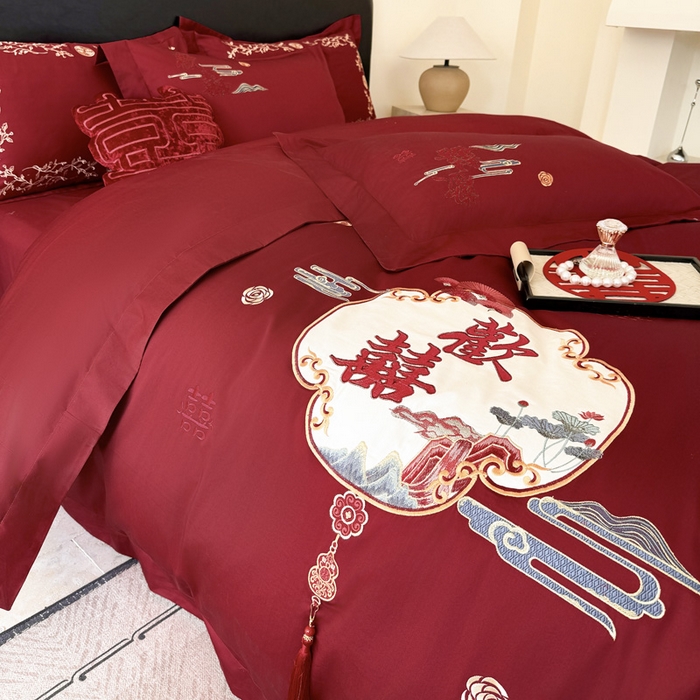 91家纺网 家纺一手货源 找家纺 甜咪咪婚庆 2026新款长绒棉全棉绣花结婚婚庆四件套多件套床单款 心欢喜