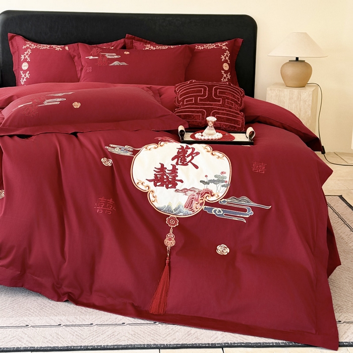 91家纺网 家纺一手货源 找家纺 甜咪咪婚庆 2026新款长绒棉全棉绣花结婚婚庆四件套多件套床单款 心欢喜