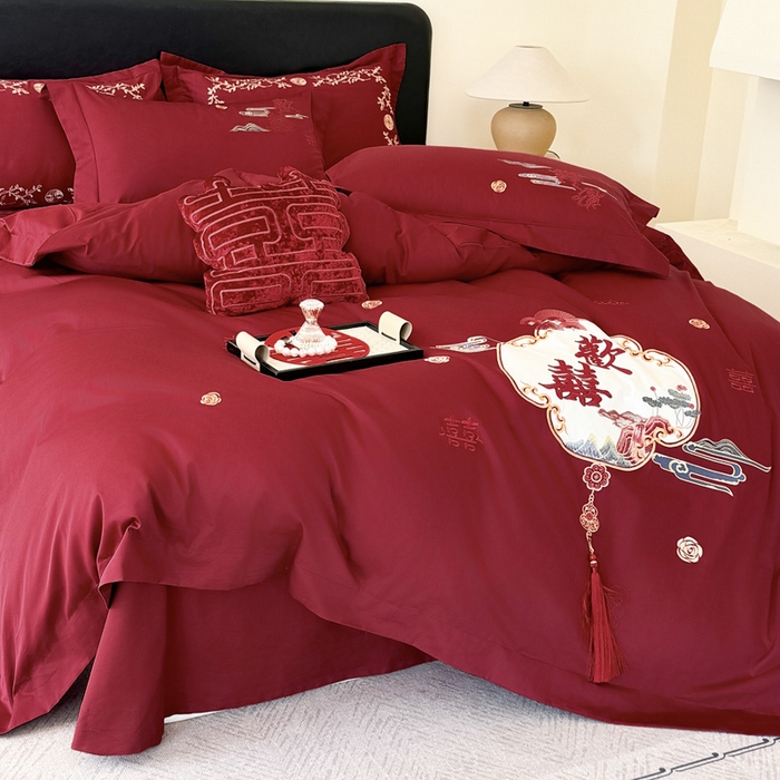 91家纺网 家纺一手货源 找家纺 甜咪咪婚庆 2026新款长绒棉全棉绣花结婚婚庆四件套多件套床单款 心欢喜