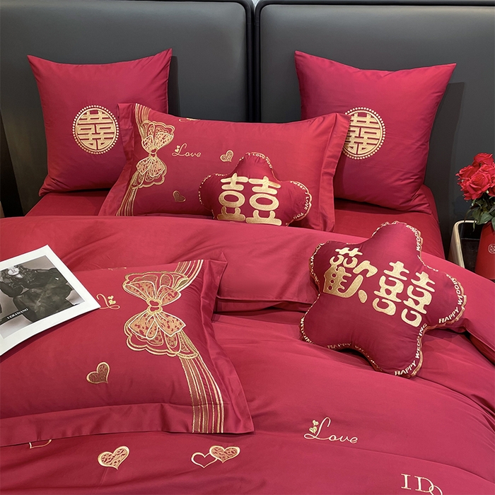 91家纺网 家纺一手货源 找家纺 甜咪咪婚庆 2026新款长绒棉全棉绣花结婚婚庆四件套多件套床单款 浪漫满屋豆沙