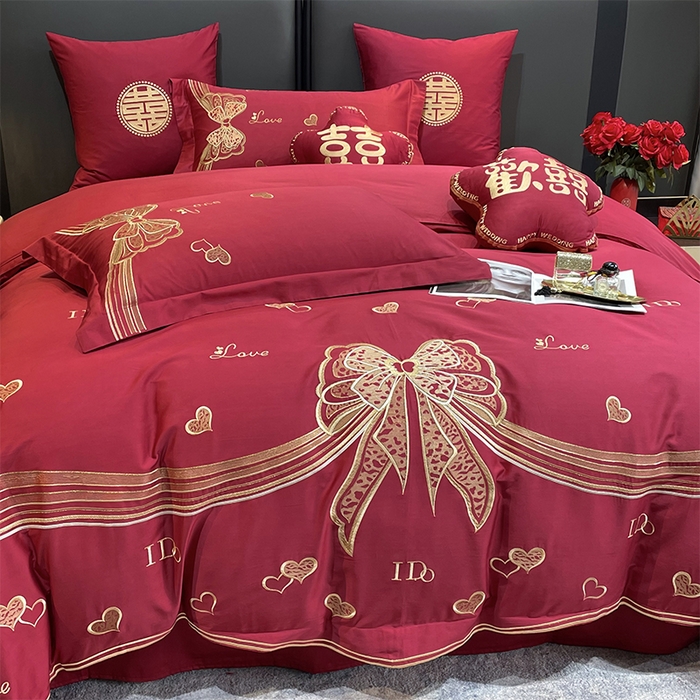 91家纺网 家纺一手货源 找家纺 甜咪咪婚庆 2026新款长绒棉全棉绣花结婚婚庆四件套多件套床单款 浪漫满屋豆沙