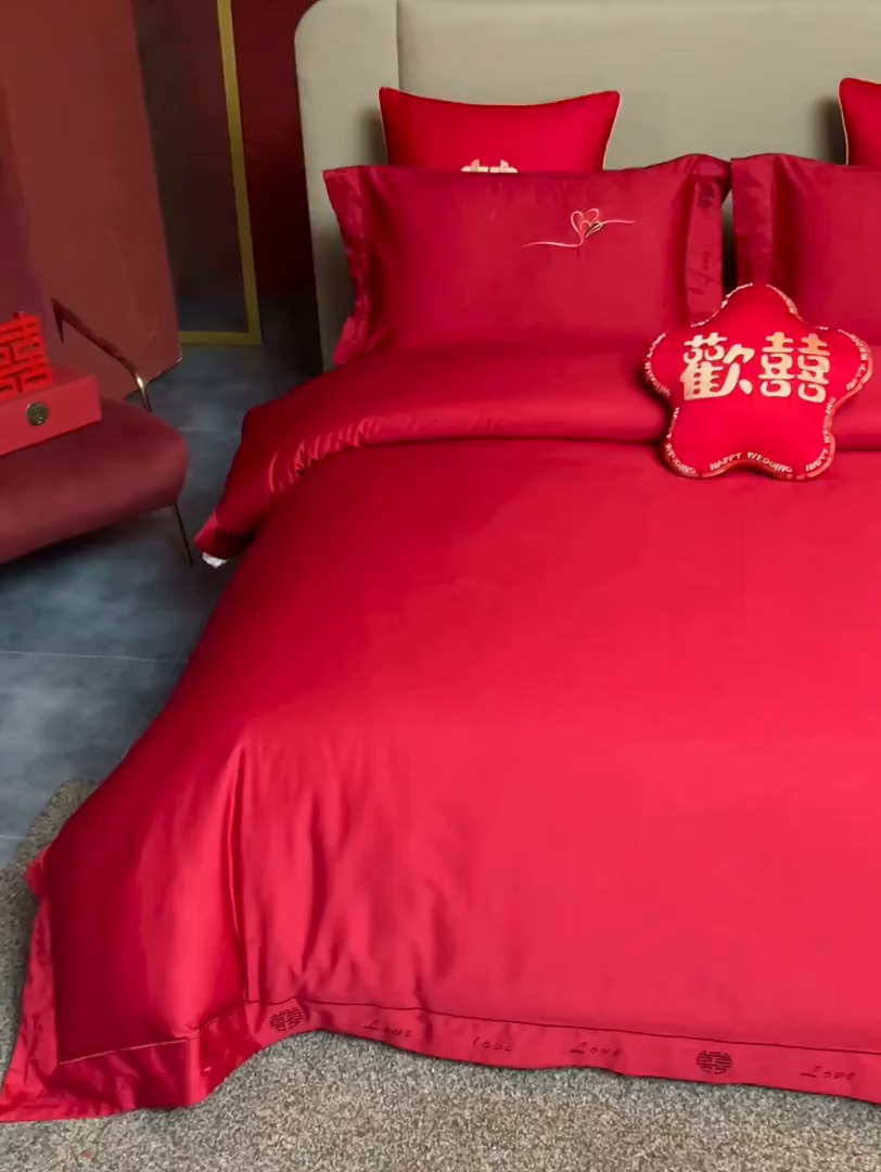 91家纺网 家纺一手货源 找家纺 甜咪咪婚庆 2026新款长绒棉全棉绣花结婚婚庆四件套多件套床单款 爱相随