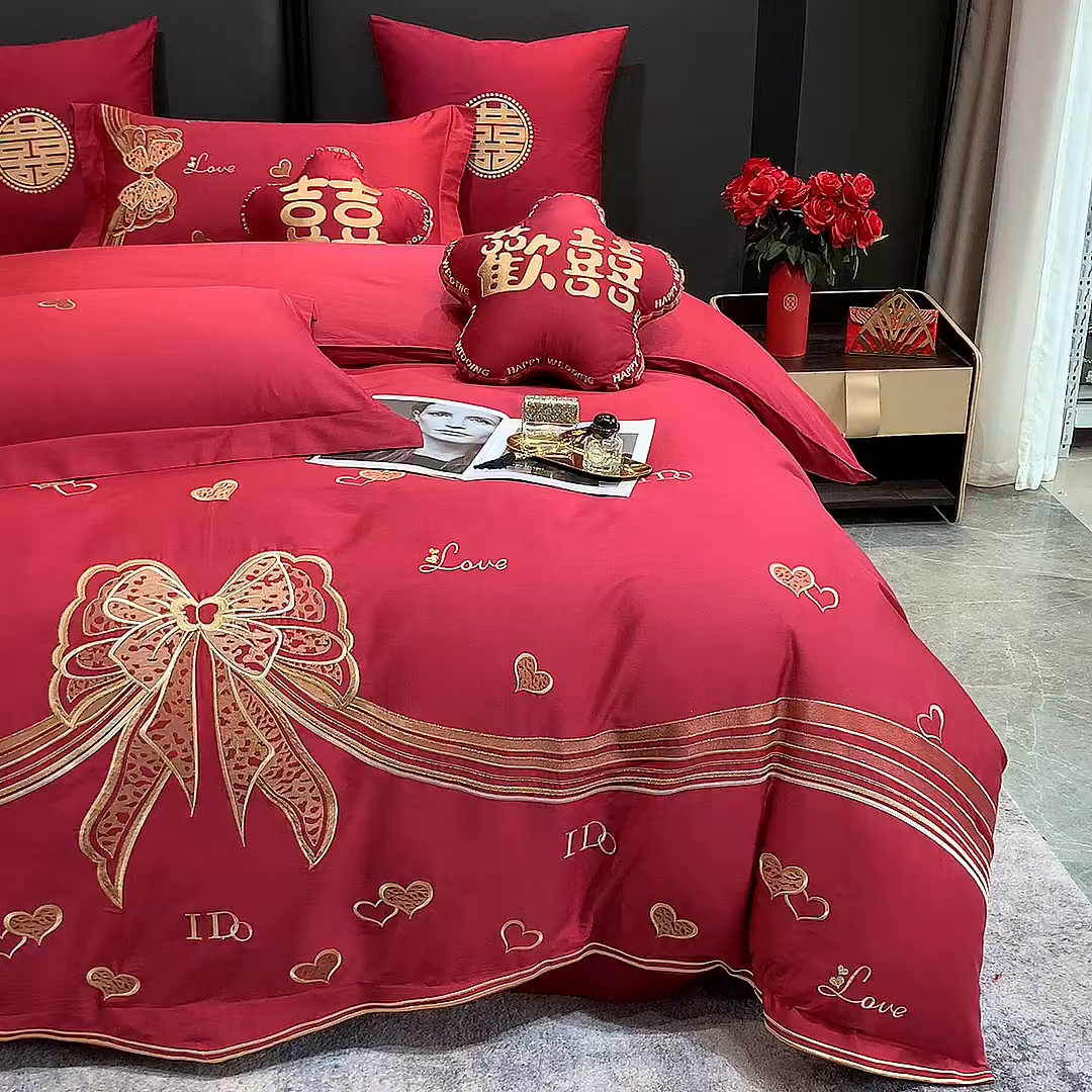 91家纺网 家纺一手货源 找家纺 甜咪咪婚庆 2026新款长绒棉全棉绣花结婚婚庆四件套多件套床单款 浪漫满屋豆沙