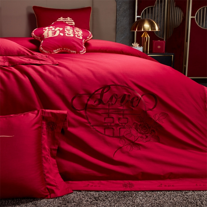 91家纺网 家纺一手货源 找家纺 甜咪咪婚庆 2026新款长绒棉全棉绣花结婚婚庆四件套多件套床单款 爱相随