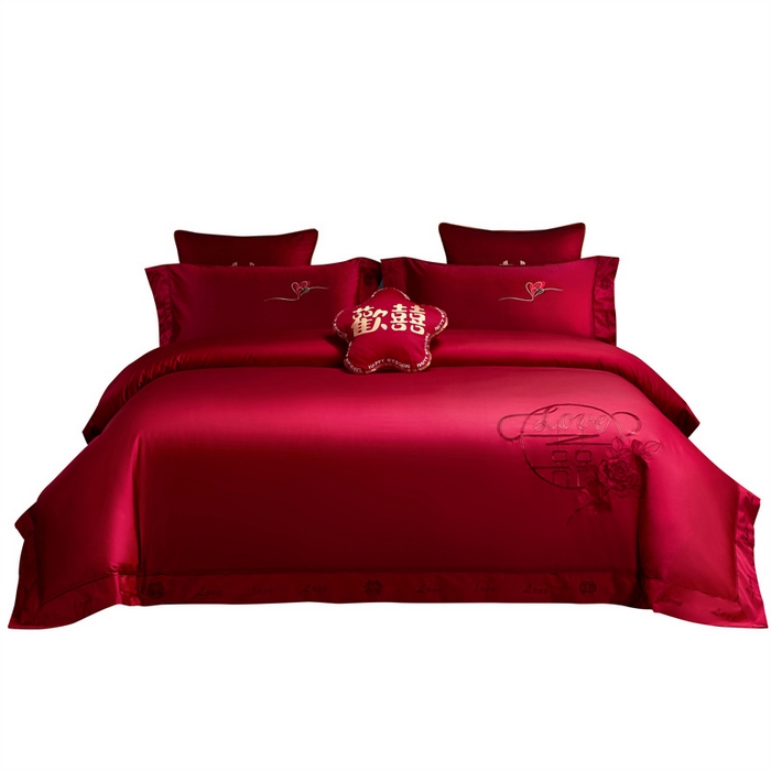 91家纺网 家纺一手货源 找家纺 甜咪咪婚庆 2026新款长绒棉全棉绣花结婚婚庆四件套多件套床单款 爱相随