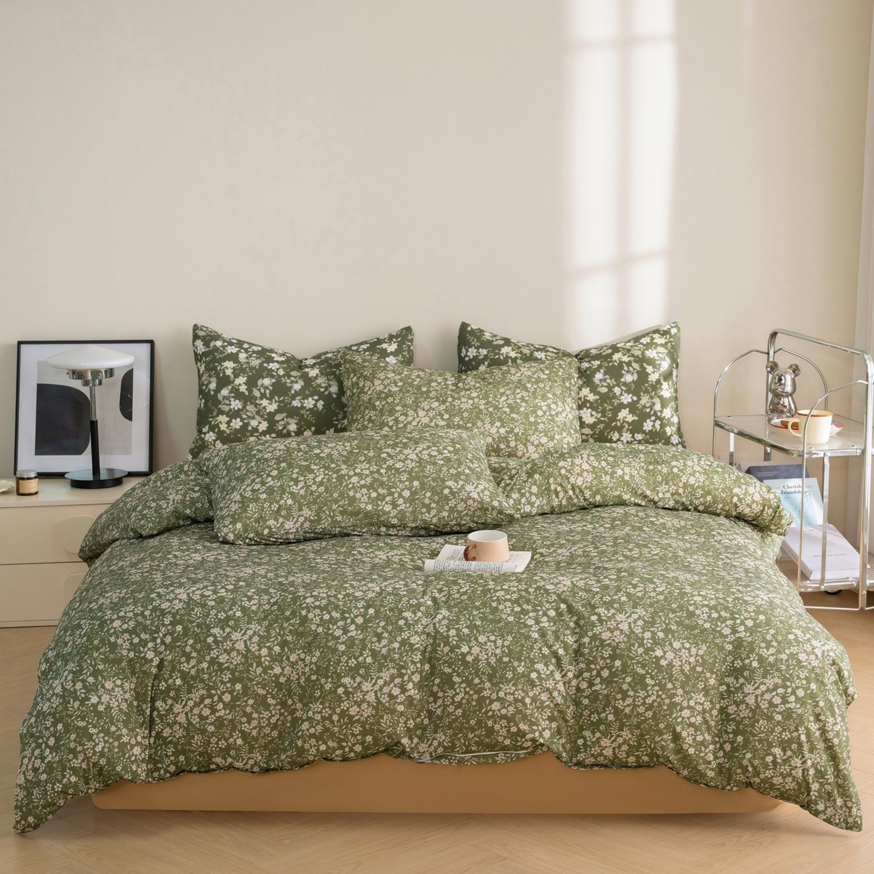 91家纺网 家纺一手货源 找家纺 梦可莱家居 2026春夏新款全棉纯棉针织棉印花小清新可爱Ins风四件套 杉叶