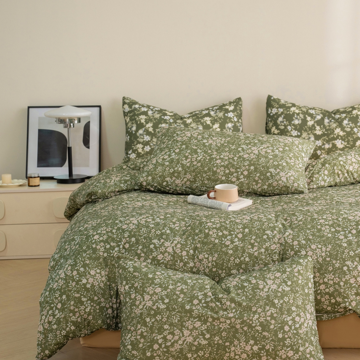 91家纺网 家纺一手货源 找家纺 梦可莱家居 2026春夏新款全棉纯棉针织棉印花小清新可爱Ins风四件套 杉叶