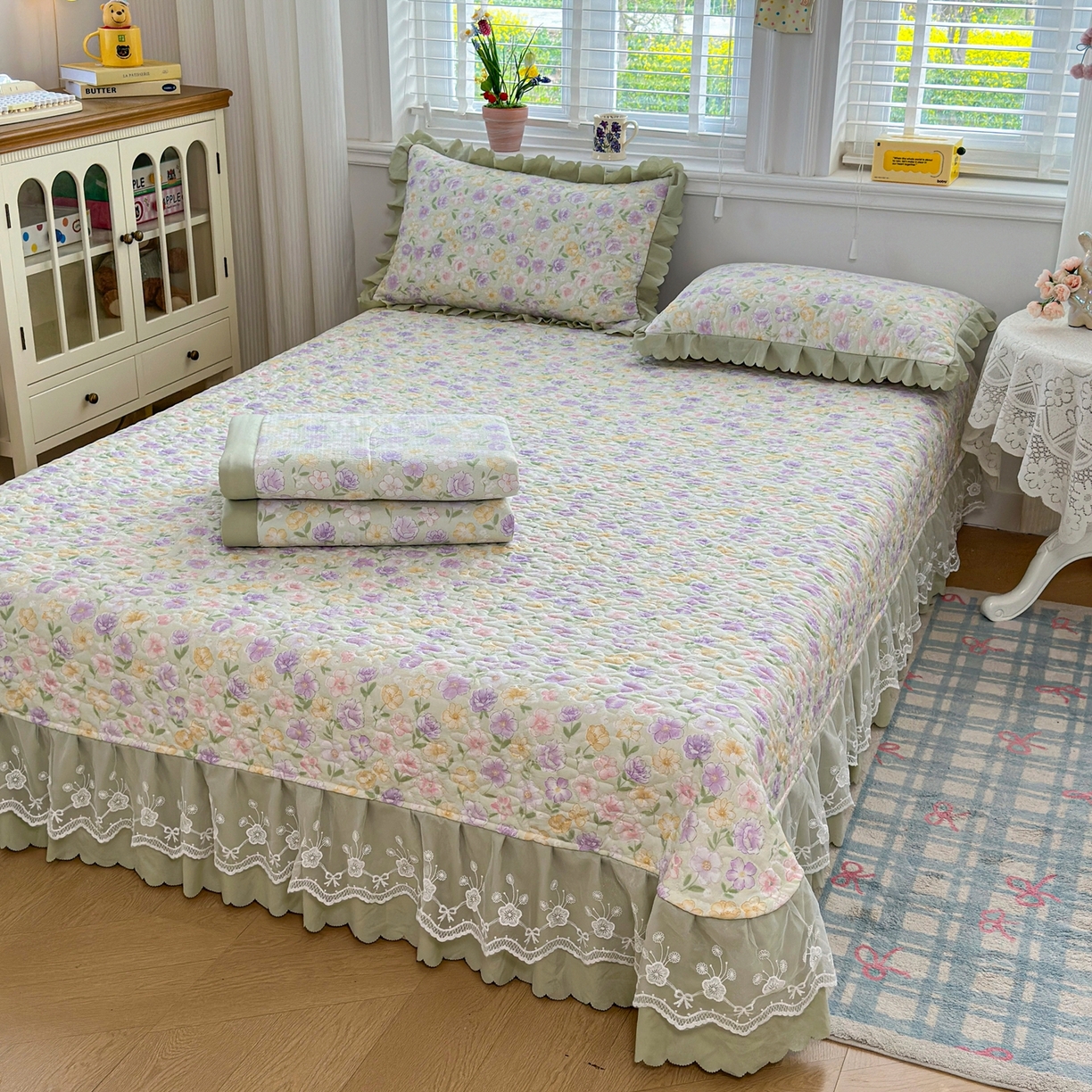 91家纺网 家纺一手货源 找家纺 雅眠居 2026直播爆款双层蕾丝花边夏被款床盖款四件套 花海