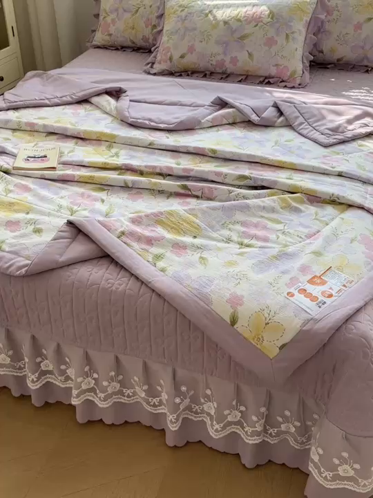 91家纺网 家纺一手货源 找家纺 雅眠居 2026直播爆款双层蕾丝花边夏被款床盖款四件套 盛夏