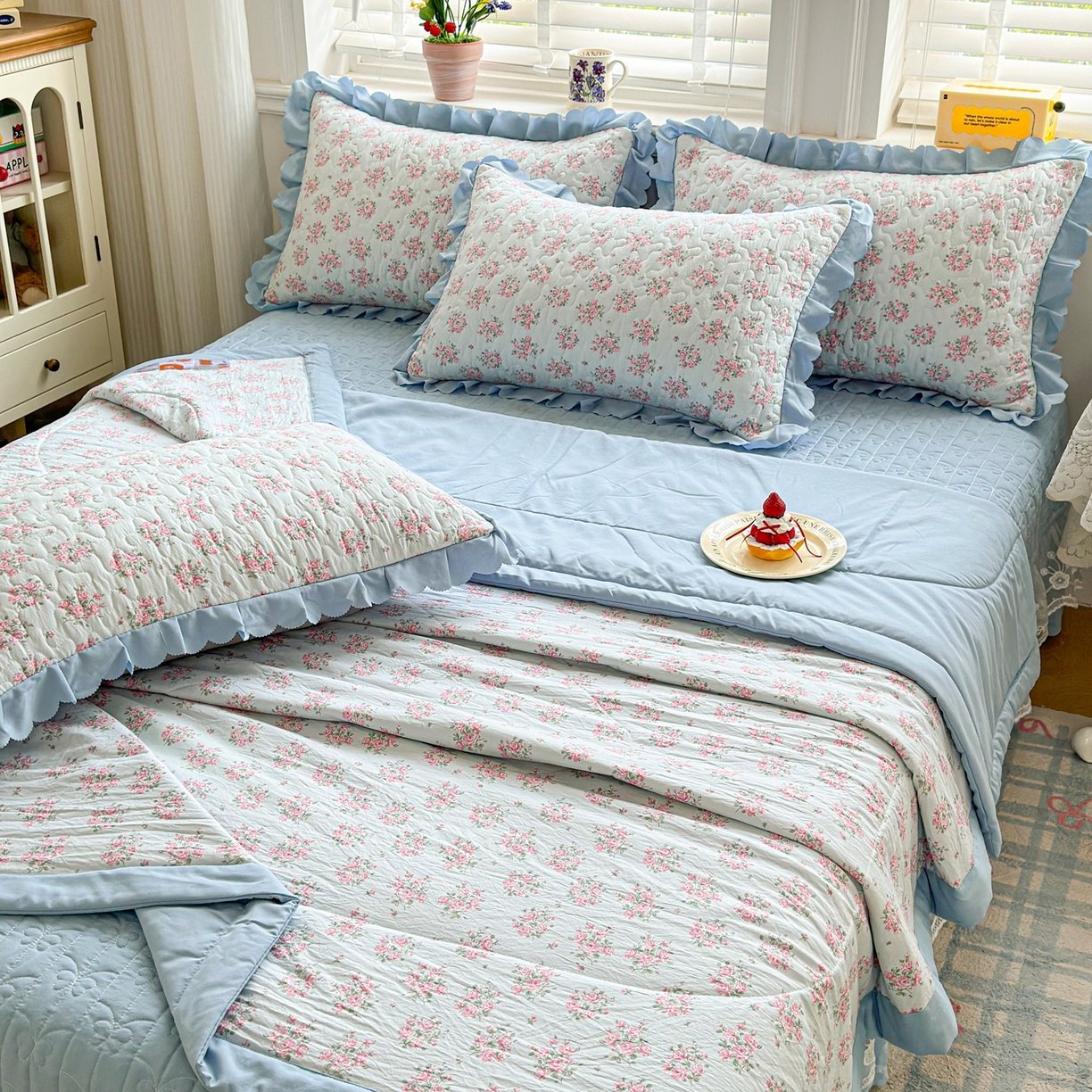 91家纺网 家纺一手货源 找家纺 雅眠居 2026直播爆款双层蕾丝花边夏被款床盖款四件套 AB版-半夏