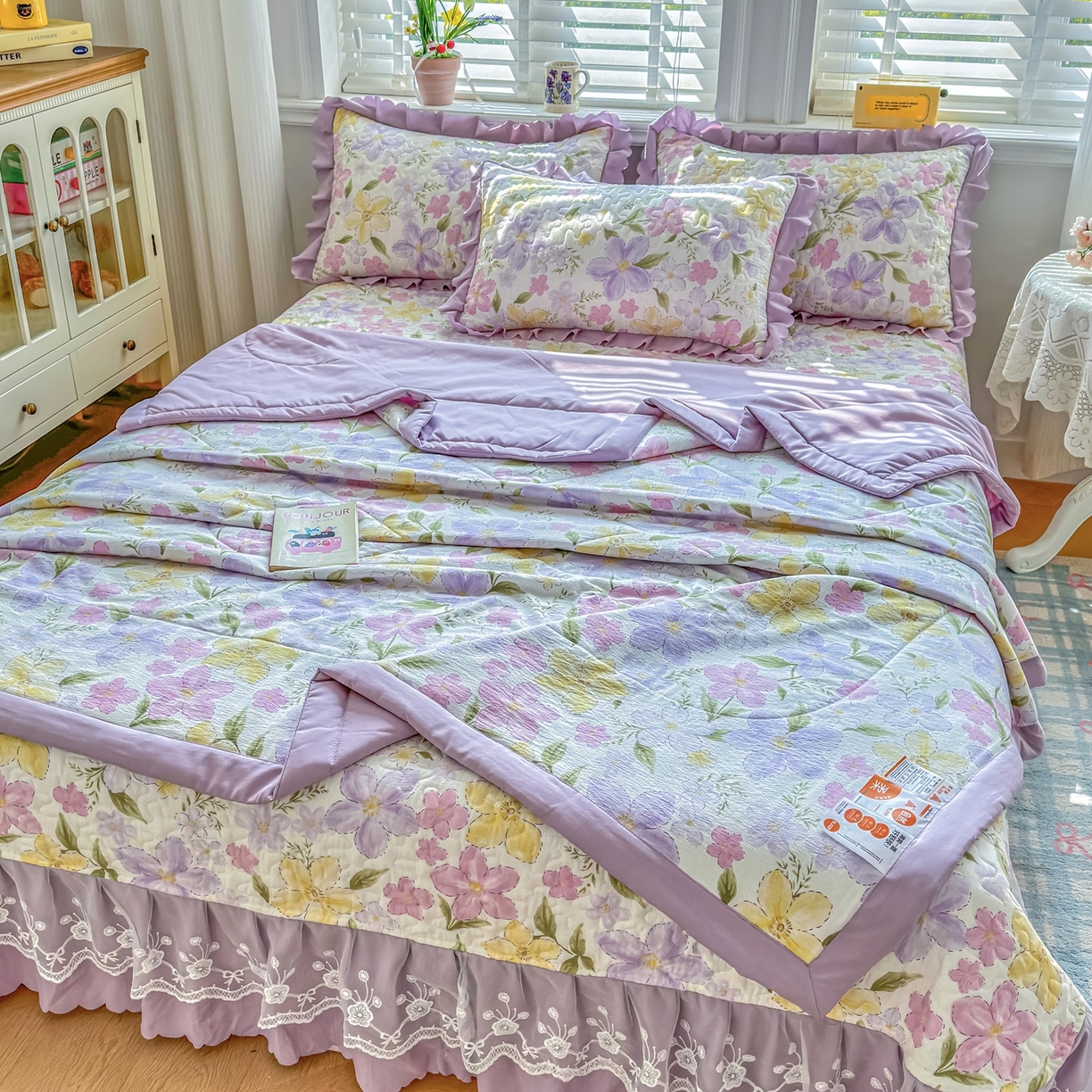 91家纺网 家纺一手货源 找家纺 雅眠居 2026直播爆款双层蕾丝花边夏被款床盖款四件套 盛夏