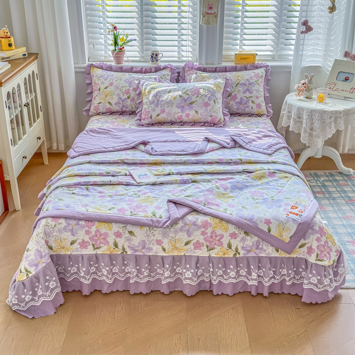 91家纺网 家纺一手货源 找家纺 雅眠居 2026直播爆款双层蕾丝花边夏被款床盖款四件套 盛夏