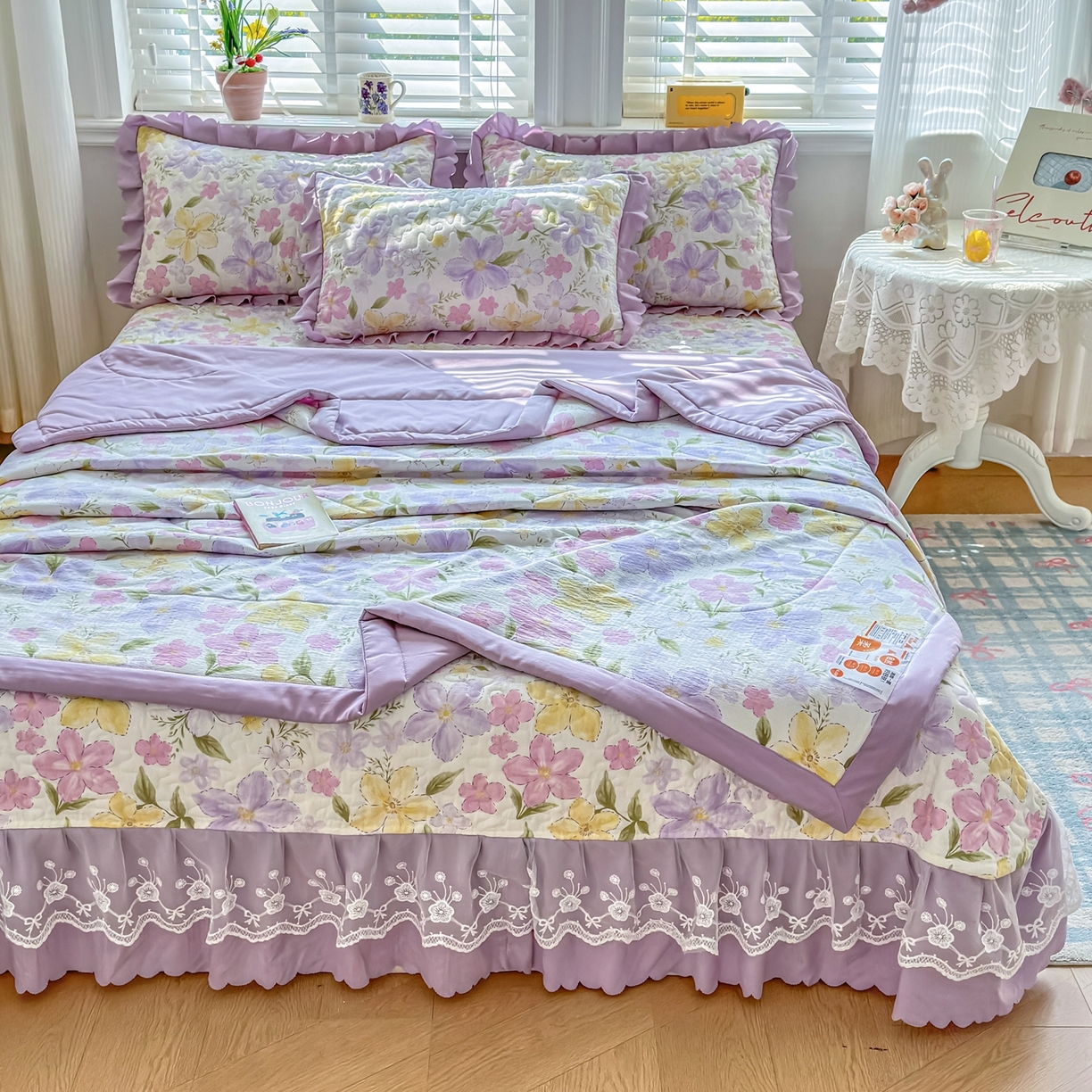 91家纺网 家纺一手货源 找家纺 雅眠居 2026直播爆款双层蕾丝花边夏被款床盖款四件套 盛夏