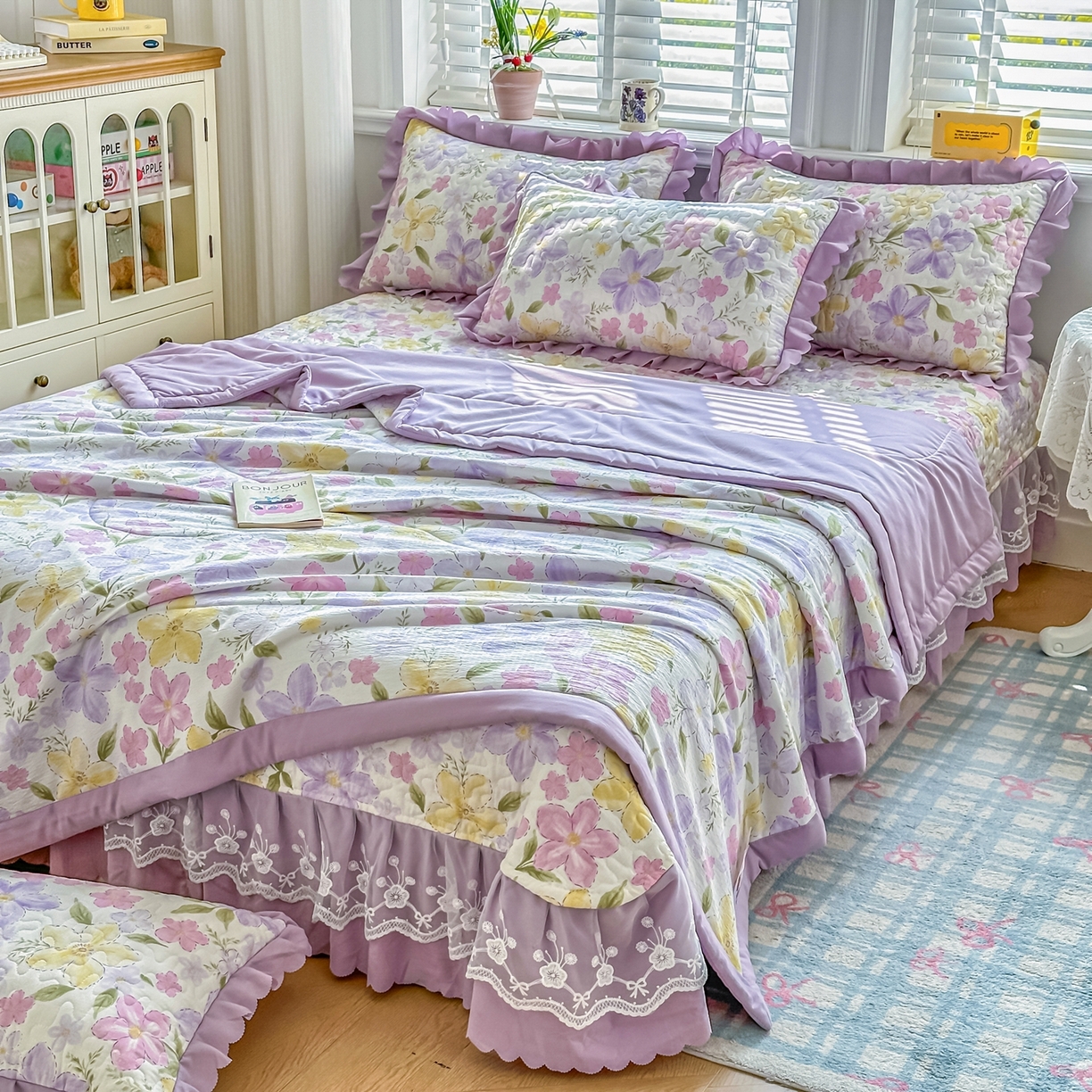 91家纺网 家纺一手货源 找家纺 雅眠居 2026直播爆款双层蕾丝花边夏被款床盖款四件套 盛夏