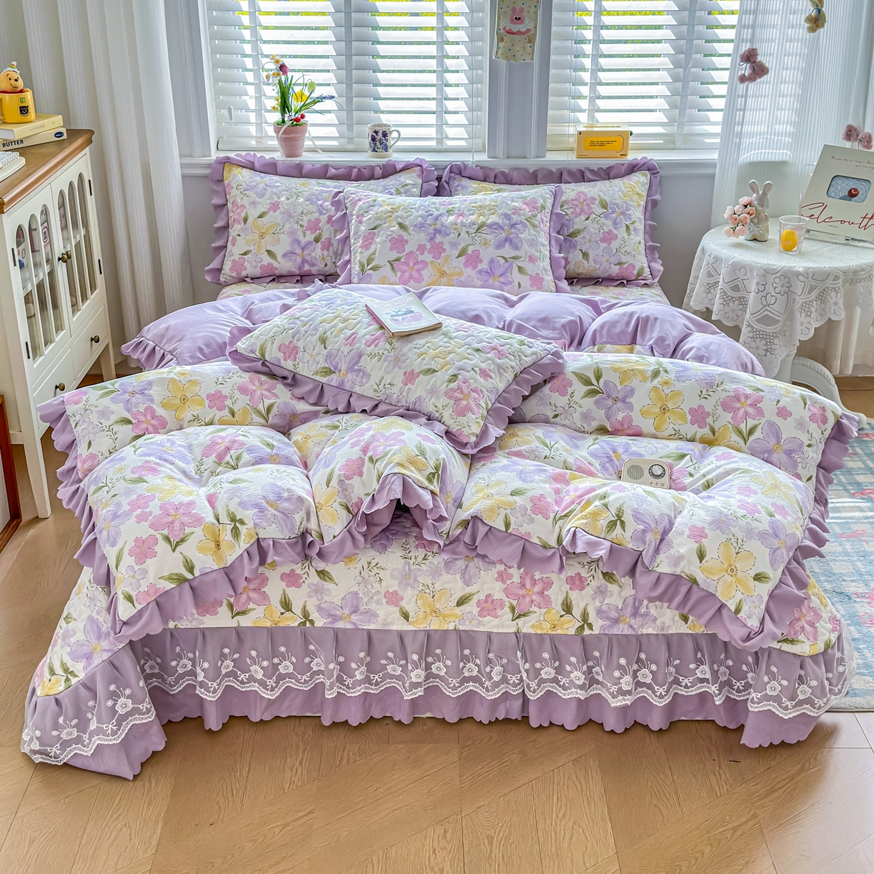 91家纺网 家纺一手货源 找家纺 雅眠居 2026直播爆款双层蕾丝花边夏被款床盖款四件套 盛夏