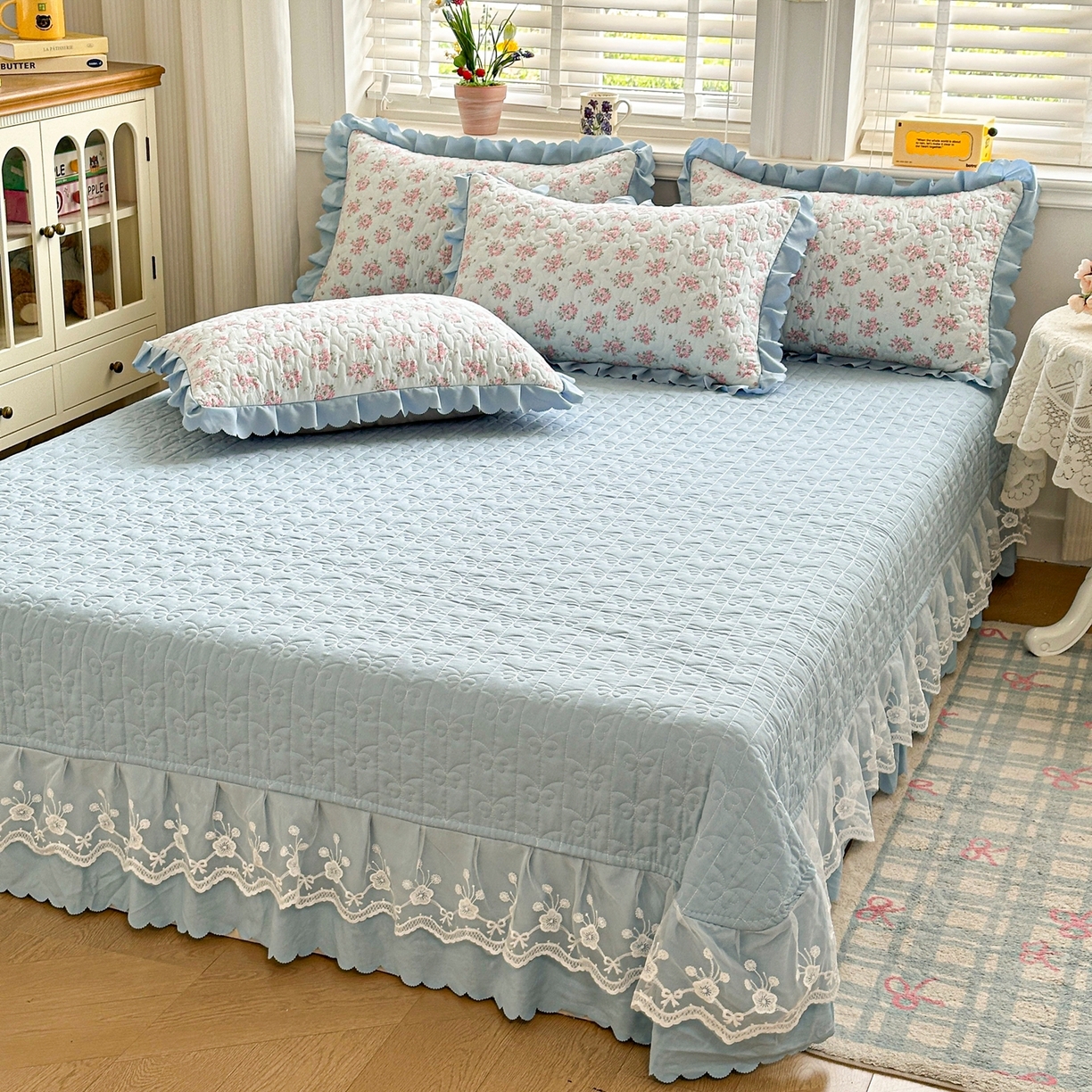 91家纺网 家纺一手货源 找家纺 雅眠居 2026直播爆款双层蕾丝花边夏被款床盖款四件套 AB版-半夏