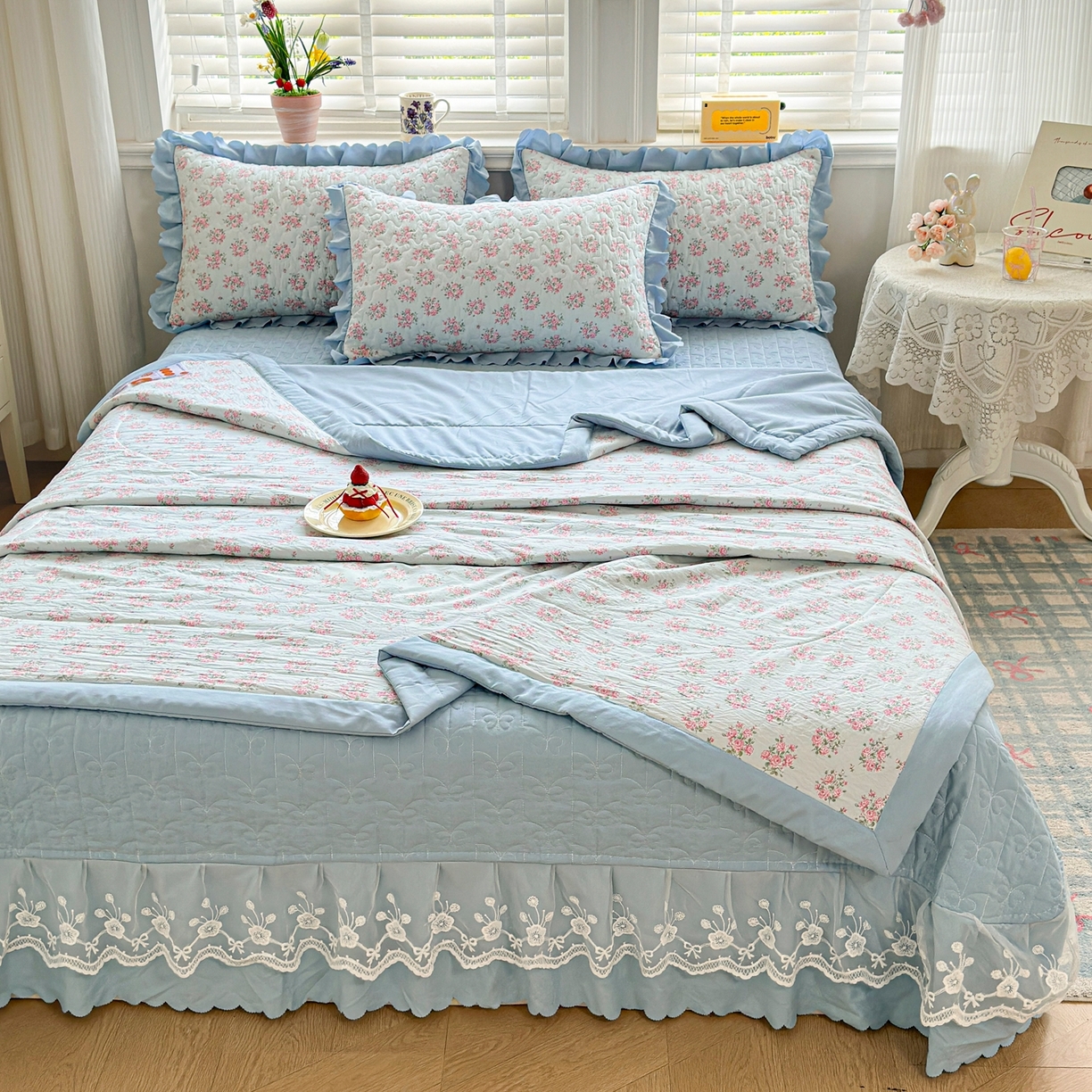 91家纺网 家纺一手货源 找家纺 雅眠居 2026直播爆款双层蕾丝花边夏被款床盖款四件套 AB版-半夏