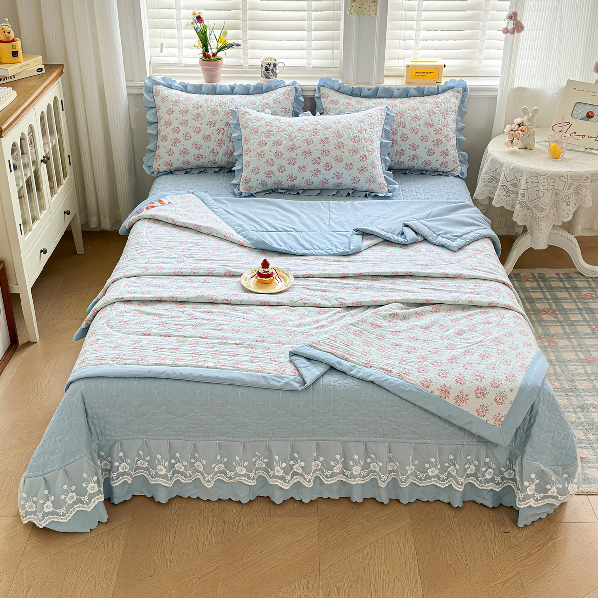 91家纺网 家纺一手货源 找家纺 雅眠居 2026直播爆款双层蕾丝花边夏被款床盖款四件套 AB版-半夏