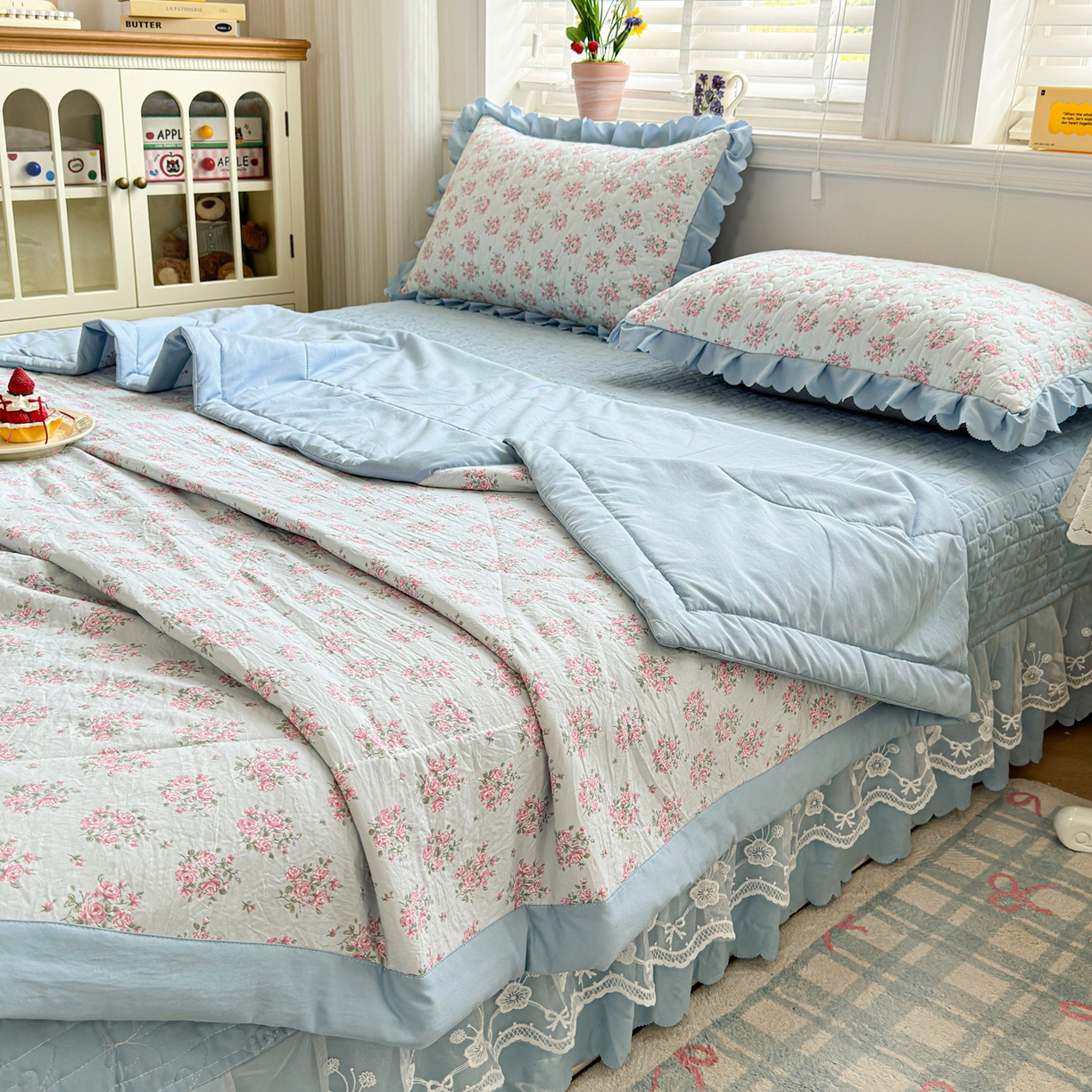 91家纺网 家纺一手货源 找家纺 雅眠居 2026直播爆款双层蕾丝花边夏被款床盖款四件套 AB版-半夏