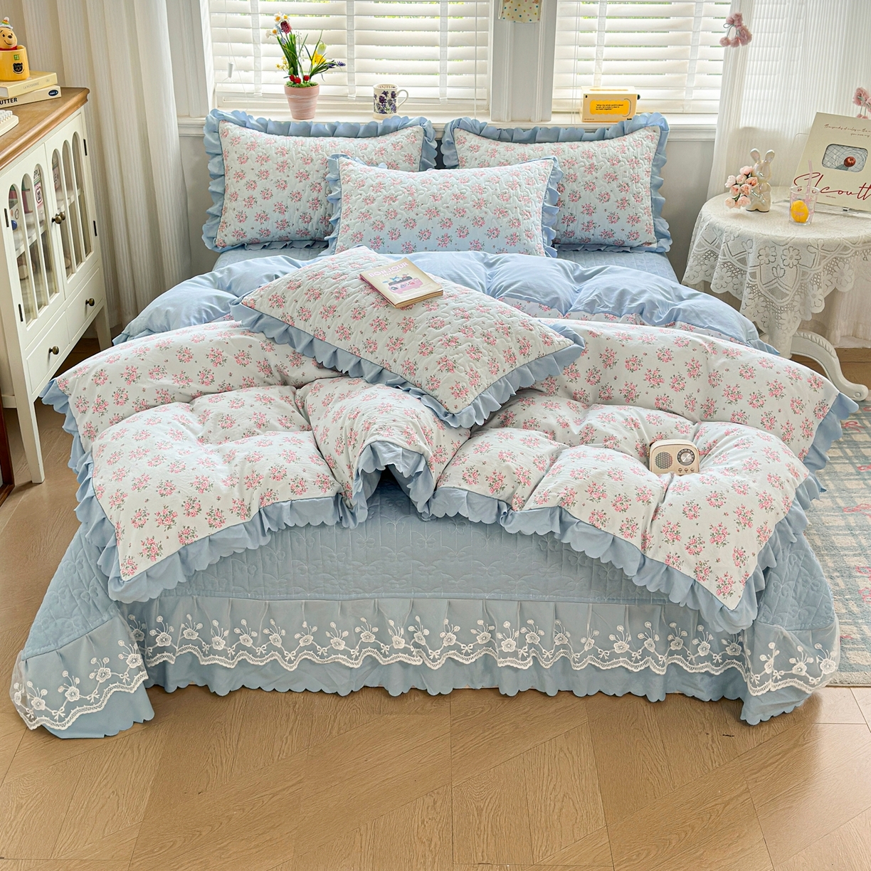 91家纺网 家纺一手货源 找家纺 雅眠居 2026直播爆款双层蕾丝花边夏被款床盖款四件套 AB版-半夏