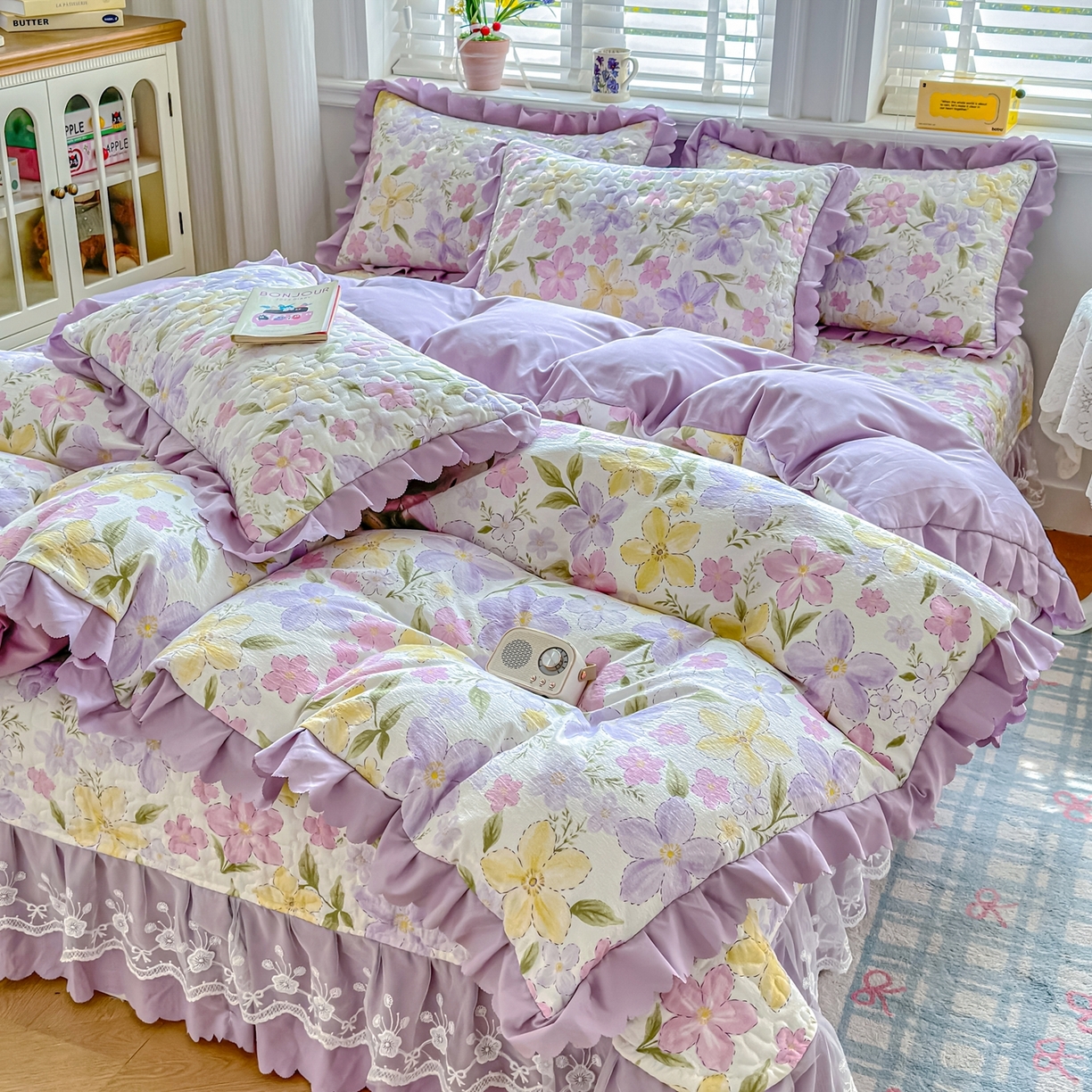 91家纺网 家纺一手货源 找家纺 雅眠居 2026直播爆款双层蕾丝花边夏被款床盖款四件套 盛夏