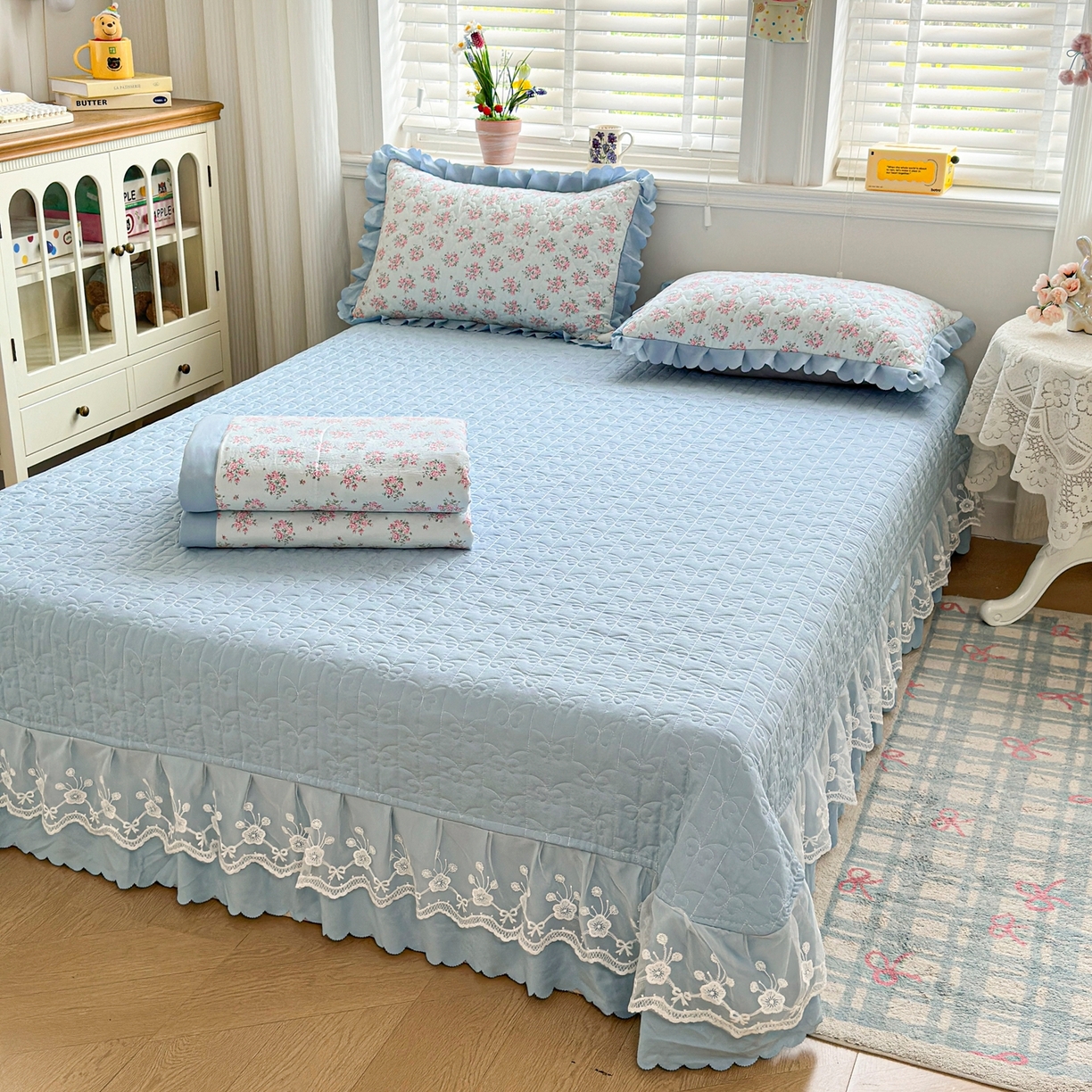 91家纺网 家纺一手货源 找家纺 雅眠居 2026直播爆款双层蕾丝花边夏被款床盖款四件套 AB版-半夏