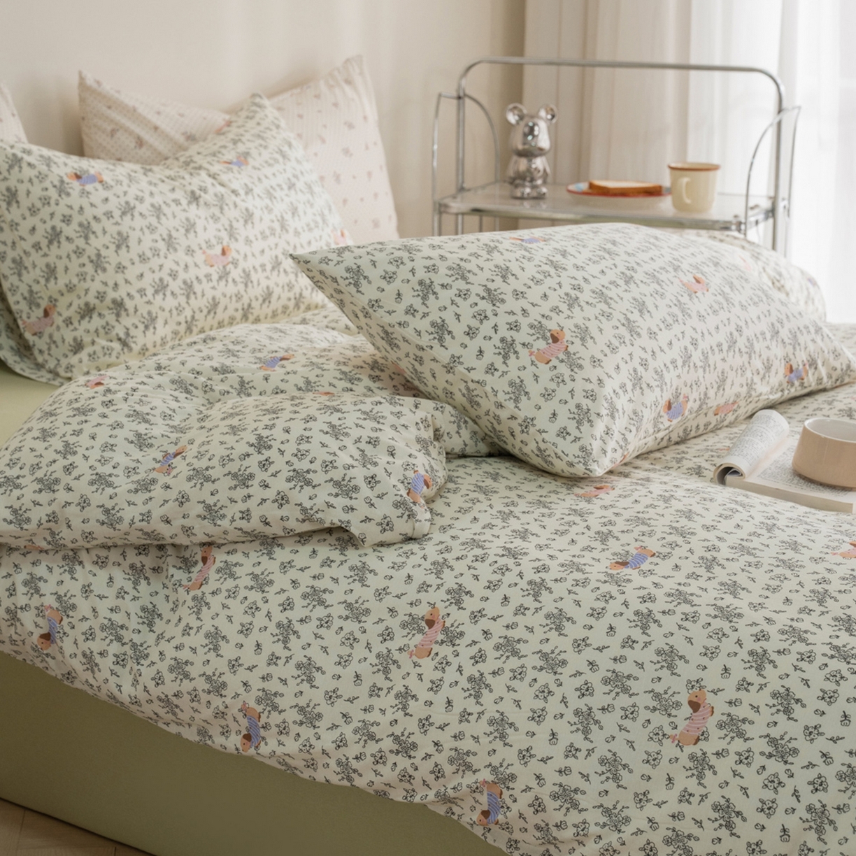 梦可莱家居 2026春夏新款全棉纯棉针织棉印花小清新可爱Ins风四件套 条纹狗