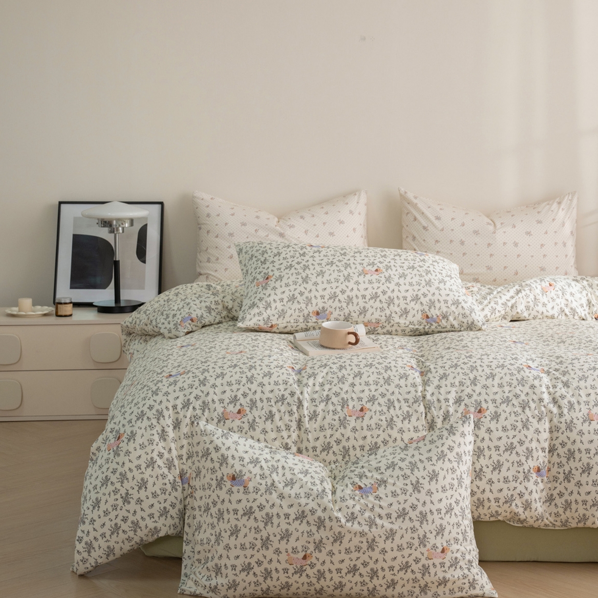 91家纺网 家纺一手货源 找家纺 梦可莱家居 2026春夏新款全棉纯棉针织棉印花小清新可爱Ins风四件套 条纹狗