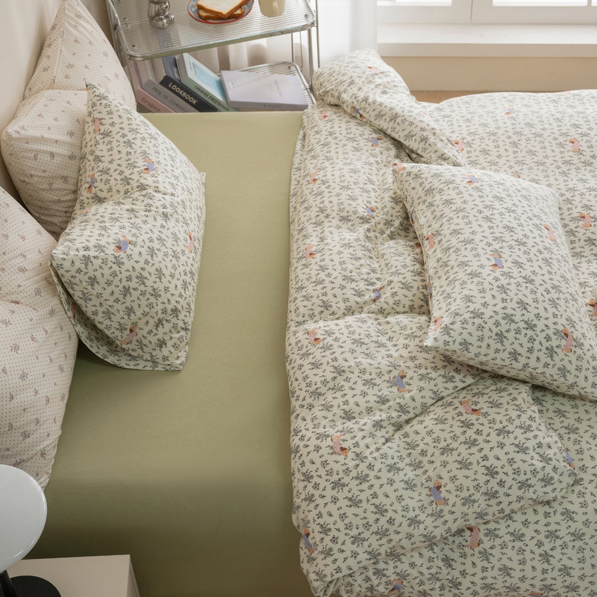 91家纺网 家纺一手货源 找家纺 梦可莱家居 2026春夏新款全棉纯棉针织棉印花小清新可爱Ins风四件套 条纹狗