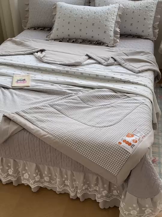 91家纺网 家纺一手货源 找家纺 雅眠居 2026直播爆款双层蕾丝花边夏被款床盖款四件套 AB版-彩格灰