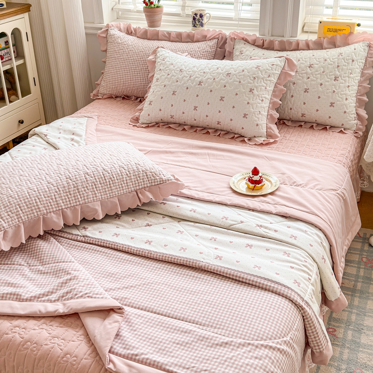 91家纺网 家纺一手货源 找家纺 雅眠居 2026直播爆款双层蕾丝花边夏被款床盖款四件套 AB版-彩格粉