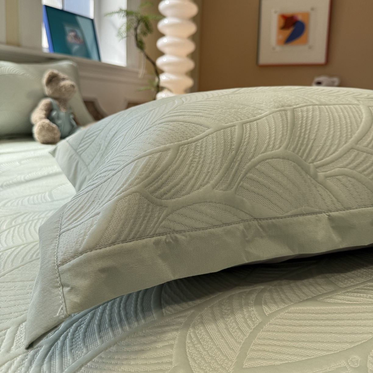 91家纺网 家纺一手货源 找家纺 Sweet dreams甜梦 2026新款夏款A类提花乙纶PE豆豆凉席 绿意叶绿