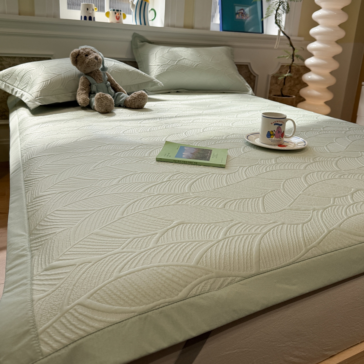 91家纺网 家纺一手货源 找家纺 Sweet dreams甜梦 2026新款夏款A类提花乙纶PE豆豆凉席 绿意叶绿