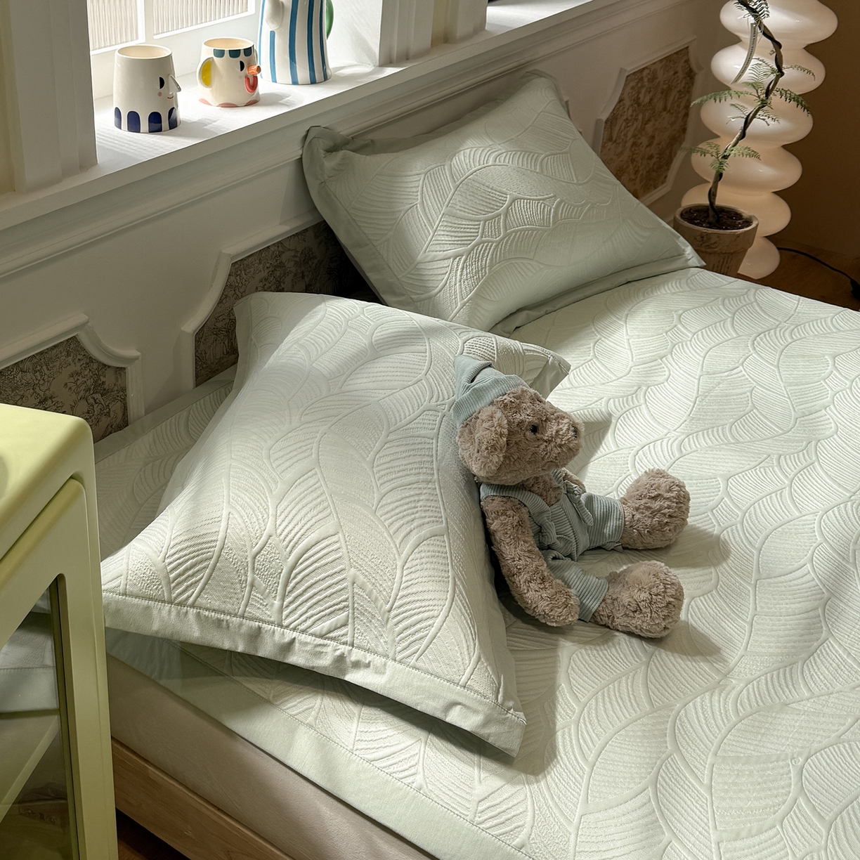 91家纺网 家纺一手货源 找家纺 Sweet dreams甜梦 2026新款夏款A类提花乙纶PE豆豆凉席 绿意叶绿