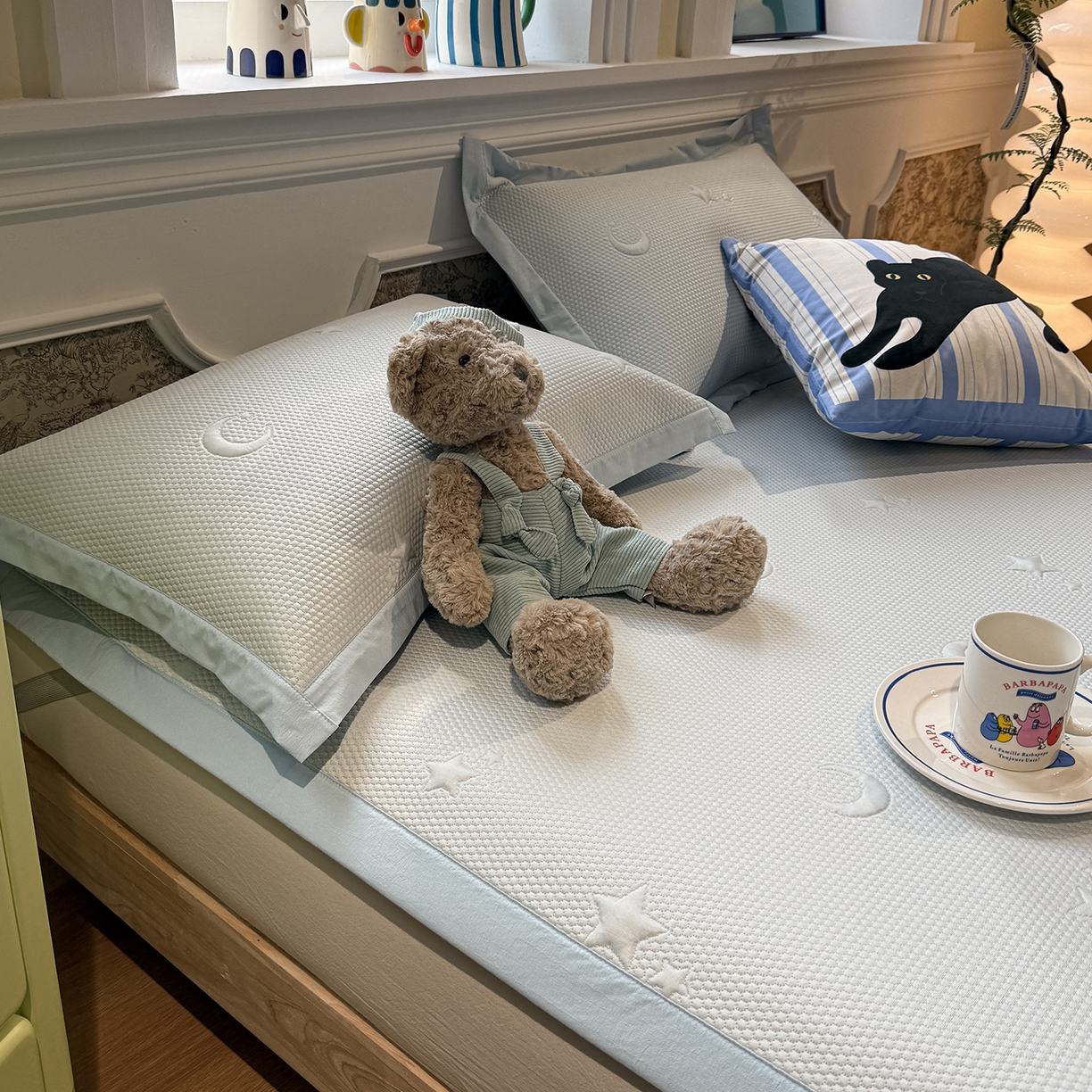 91家纺网 家纺一手货源 找家纺 Sweet dreams甜梦 2026新款夏款A类提花乙纶PE豆豆凉席 星月蓝