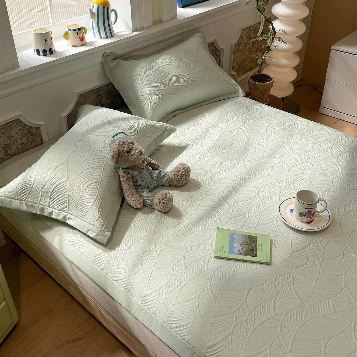 91家纺网 家纺一手货源 找家纺 Sweet dreams甜梦 2026新款夏款A类提花乙纶PE豆豆凉席 绿意叶绿