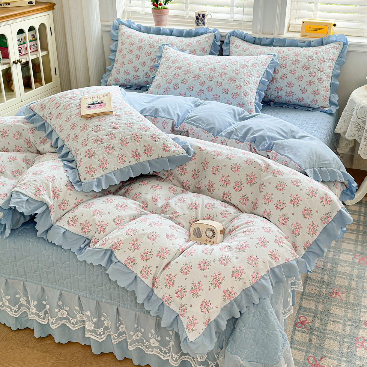 91家纺网 家纺一手货源 找家纺 雅眠居 2026新款直播爆款古法仿棉双层蕾丝花边床盖四件套 AB版-半夏