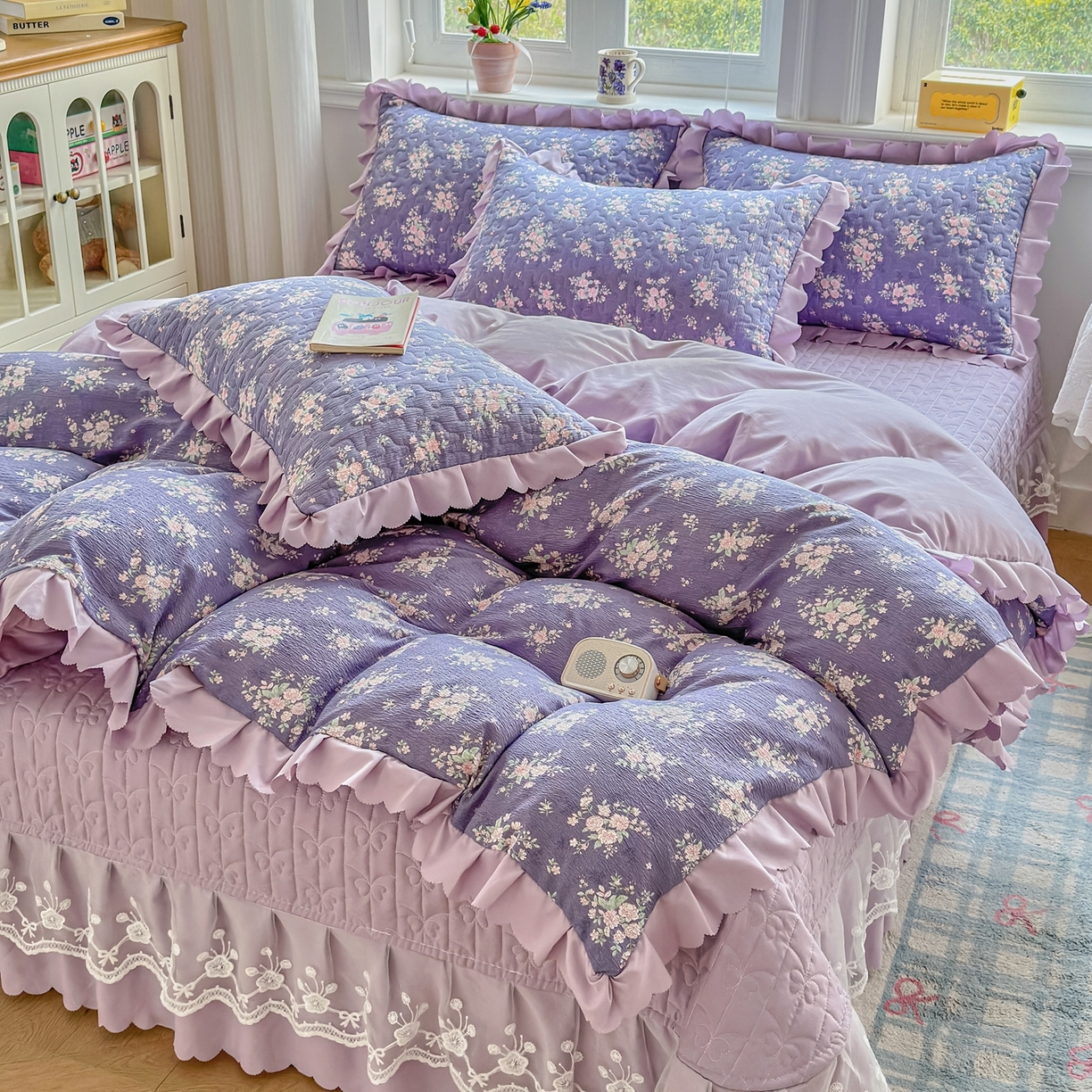 91家纺网 家纺一手货源 找家纺 雅眠居 2026新款直播爆款古法仿棉双层蕾丝花边床盖四件套 AB版-豆蔻