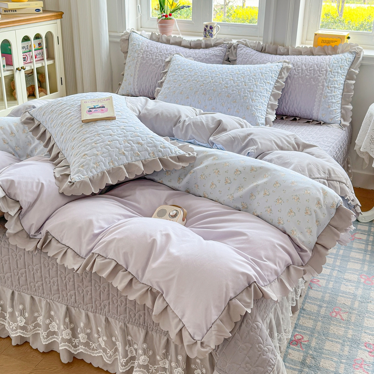 91家纺网 家纺一手货源 找家纺 雅眠居 2026新款直播爆款古法仿棉双层蕾丝花边床盖四件套 AB版-秘境灰