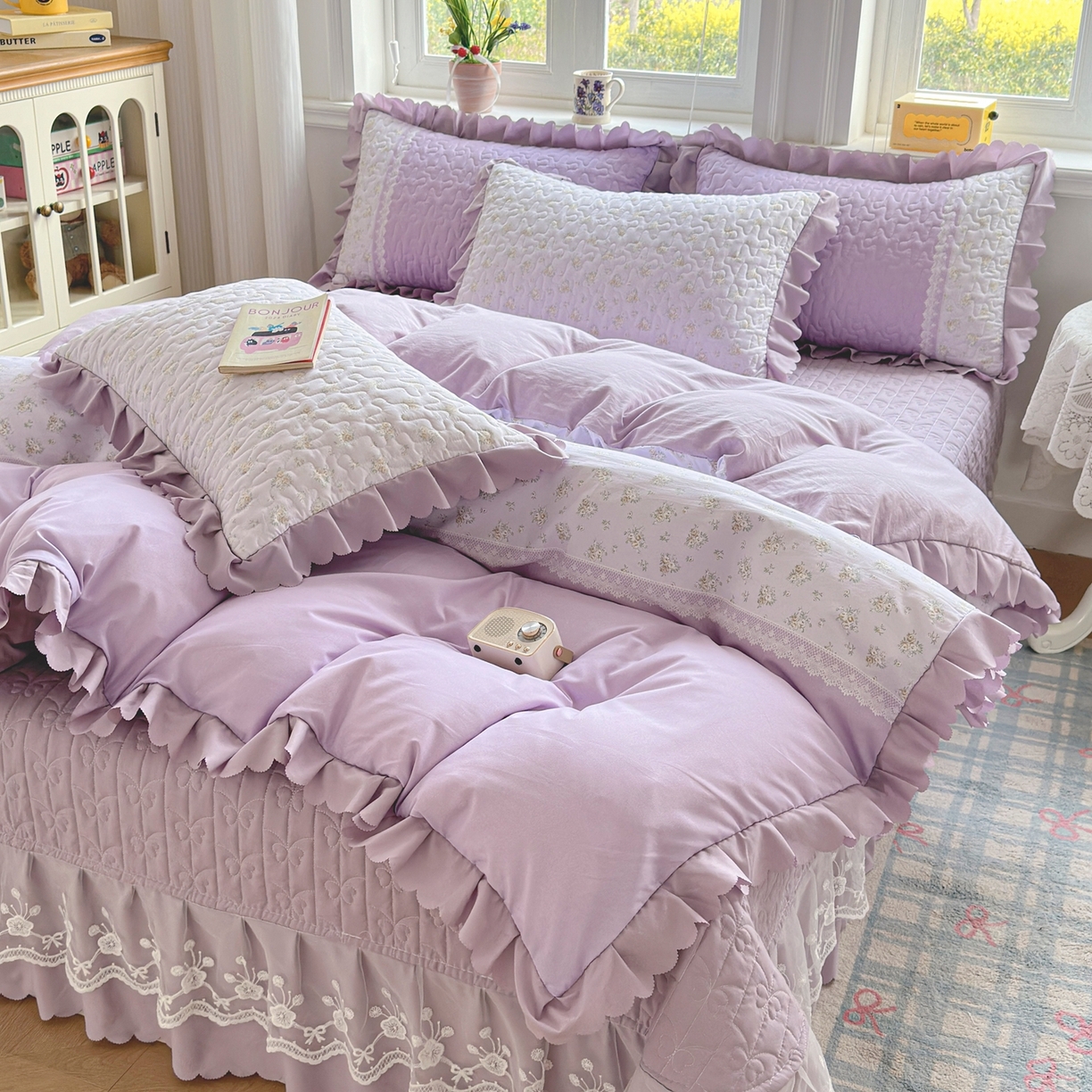 91家纺网 家纺一手货源 找家纺 雅眠居 2026新款直播爆款古法仿棉双层蕾丝花边床盖四件套 AB版-秘境紫