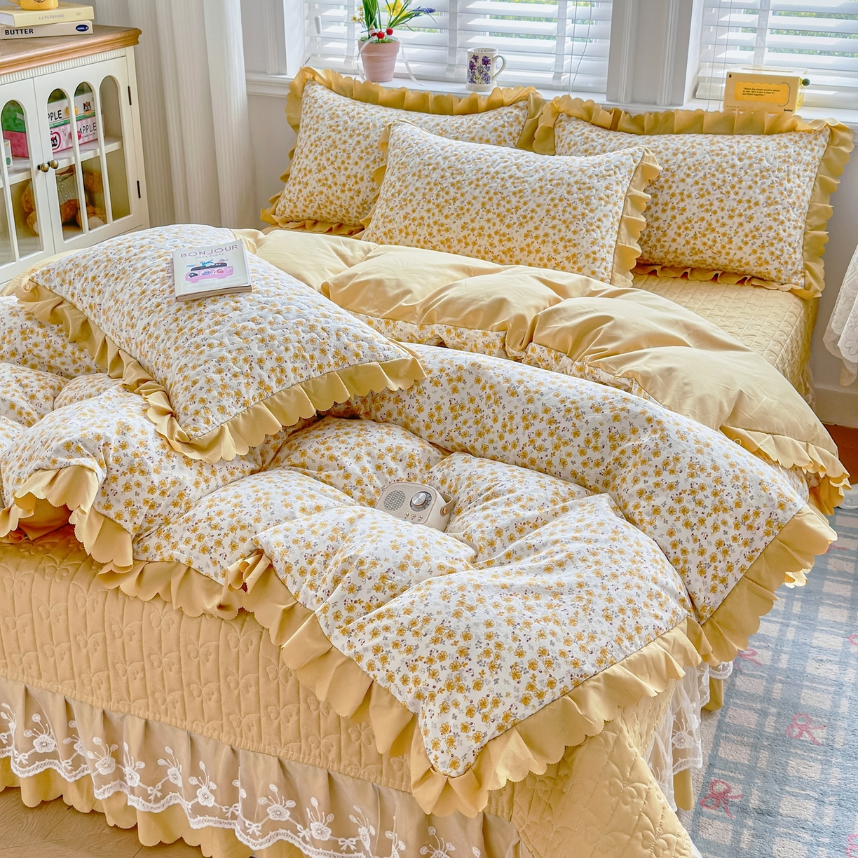 91家纺网 家纺一手货源 找家纺 雅眠居 2026新款直播爆款古法仿棉双层蕾丝花边床盖四件套 AB版-小时光